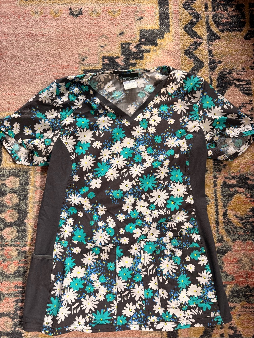 Cherokee Floral V-Neck Scrub Top in Teal, Yellow & White